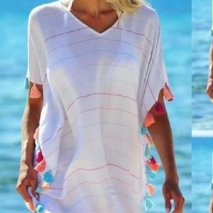 Women Tassel Dress Summer V Neck Ladies Blouse Shirt Swimming Tops Striped Bikin